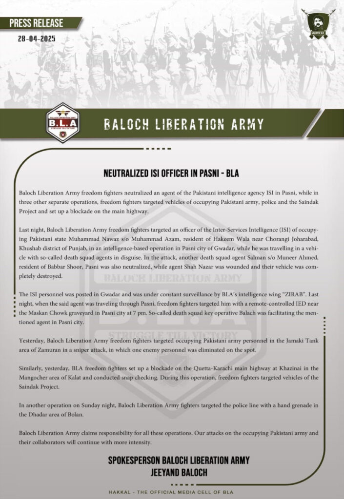 BLA Kills ISI Agent in Pasni, Targets Pakistani Army in Multiple Operations