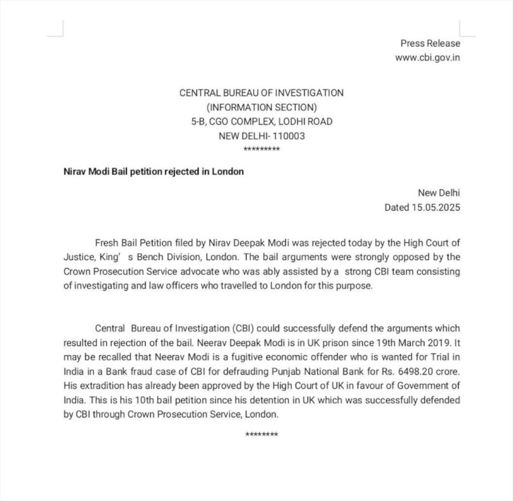 Nirav Modi Suffers Major Blow: London Court Rejects Bail Plea for 10th Time