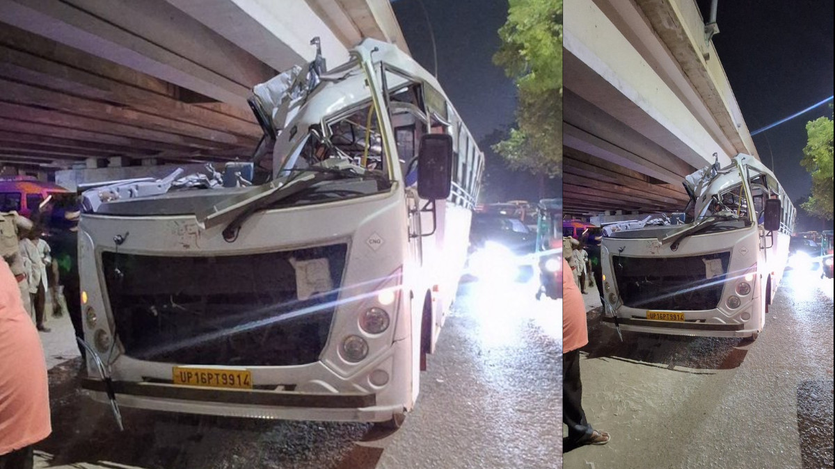 Noida: LG Staff Bus Collides with Elevated Road Pillar, Driver Hospitalized