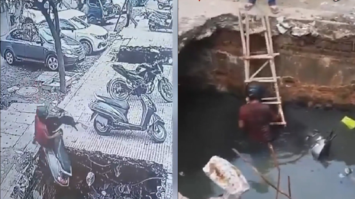 Ghaziabad: Youth Narrowly Escapes Injury After Scooter Falls into Open Drain in Gaur Green City