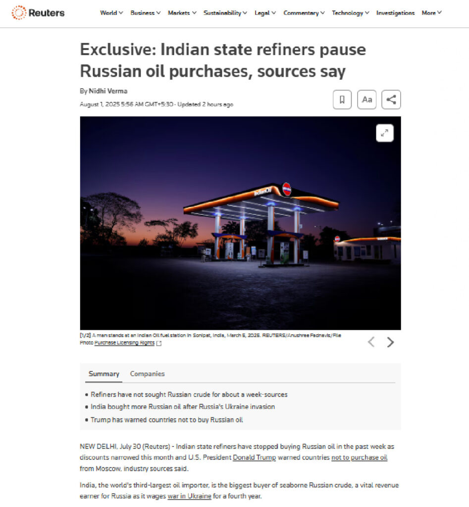 Indian State Refiners Halt Russian Oil Purchases Amid Trump's Tariff Threats