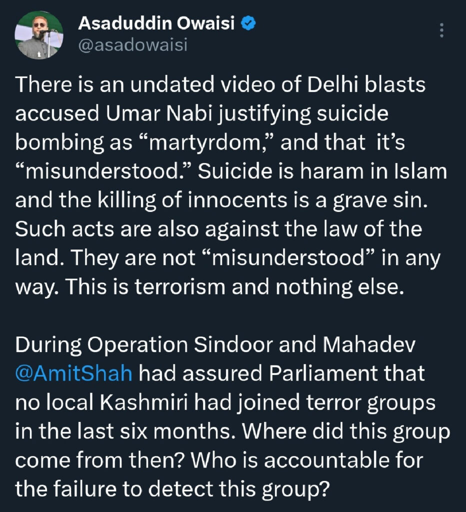 Owaisi Reacts to Red Fort Attacker Umar's Video: 'Suicide is Haram in Islam and Killing Innocents is a Heinous Sin'