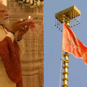 PM Modi Hoists the Sacred Flag on Ram Mandir After Offering Pashmina Shawl to Ram Lalla